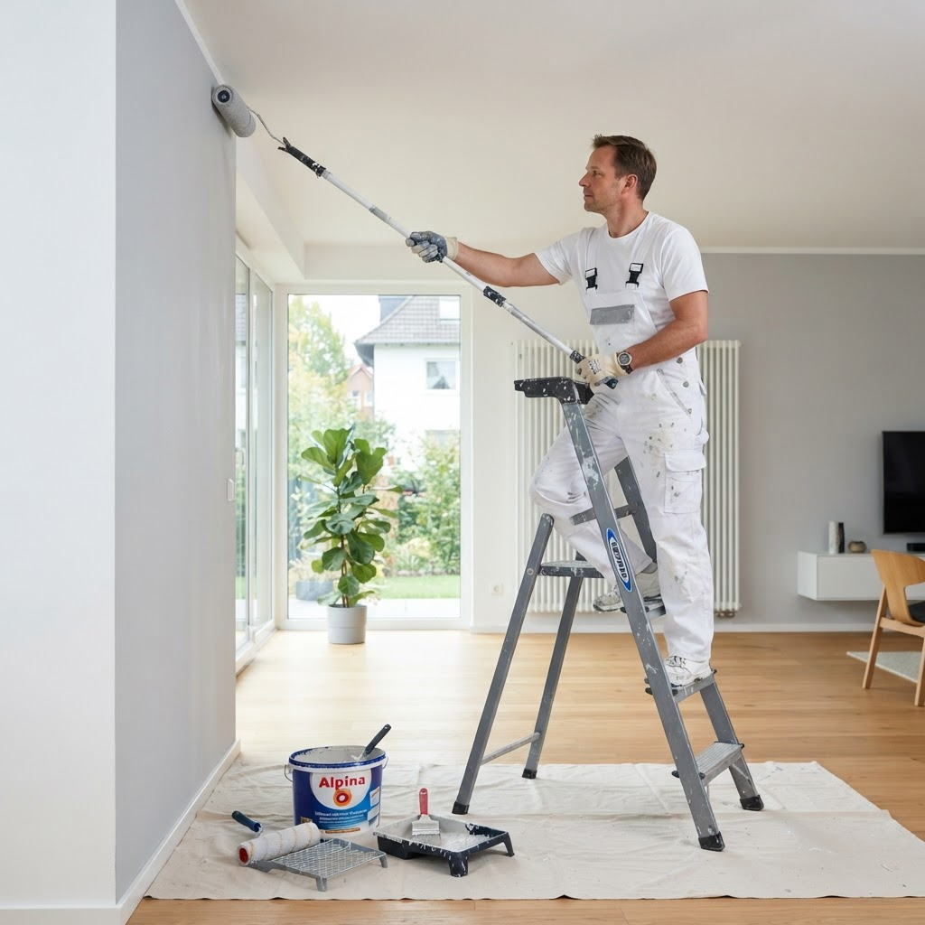 Maler streicht eine Innenwand mit der Rolle in hellem Farbton